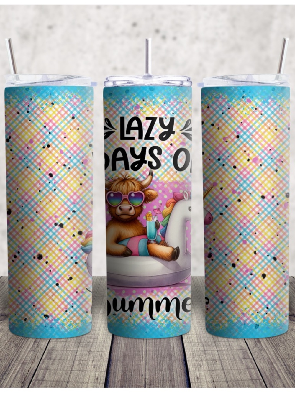 Lazy Days of Summer Colorful Unicorn & Highland Cow Skinny Tumbler